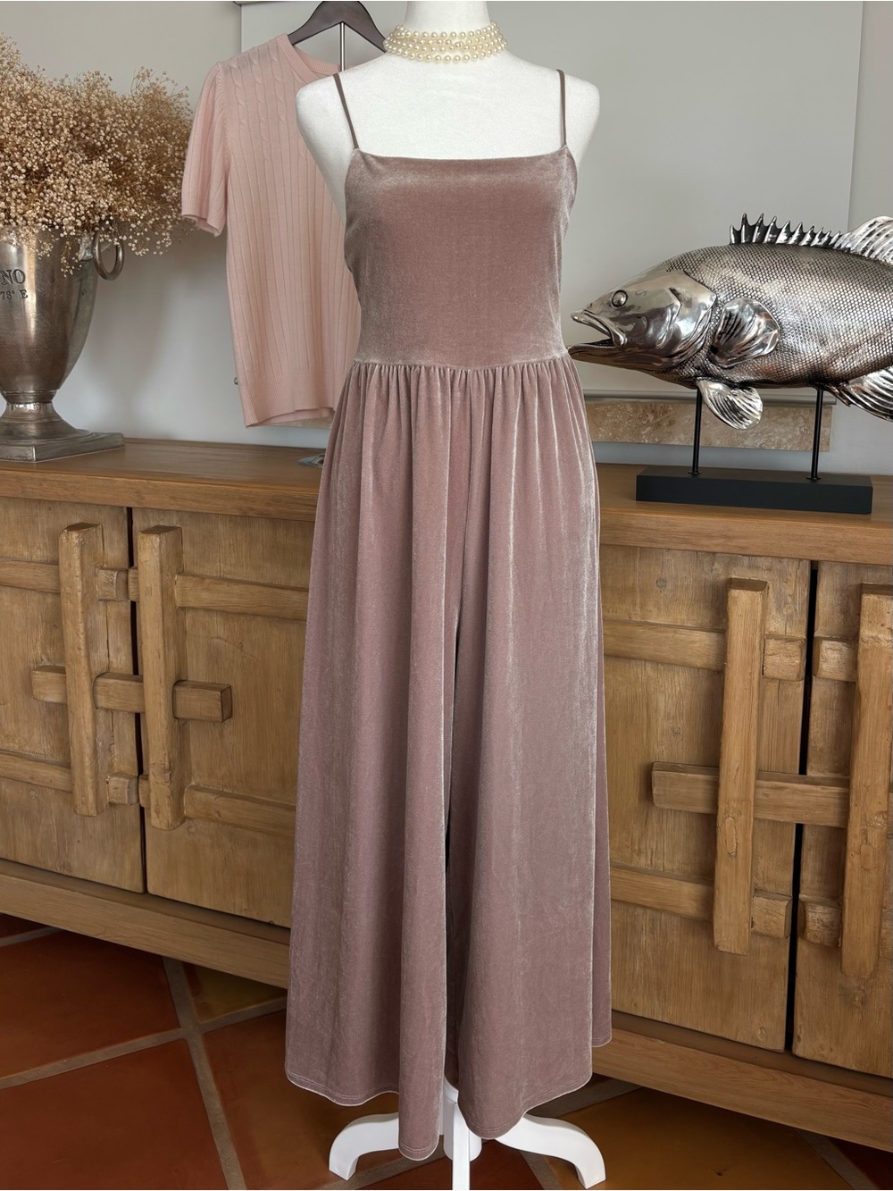 Urban Outfitters Dusty Rose Velvet Wide Leg Midi Jumpsuit Size S Taupe Y2K Party